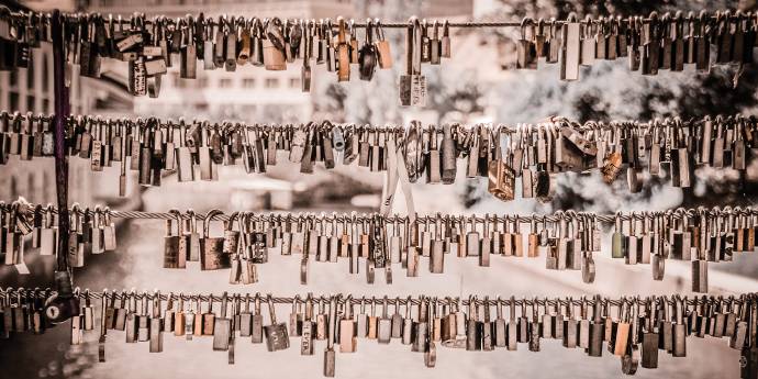 Multiple locks in various shapes and sizes locked on a wire