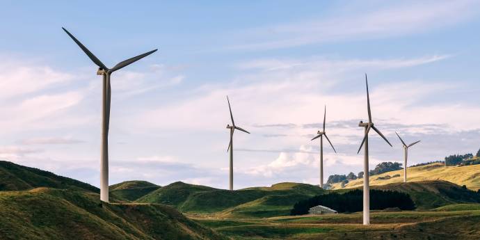 Windmills, hills and sky